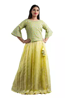 yellow cotton pavadai set with multicolor design work