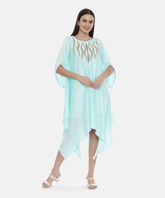 Aqua Blue Embroidered Silk Dress 6