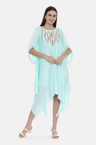 Aqua Blue Embroidered Silk Dress
