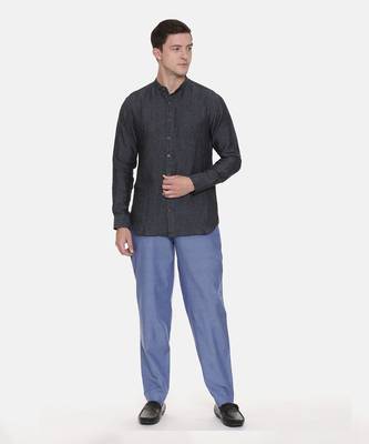 Deep Blue Chinese Collar Linen Shirt 1