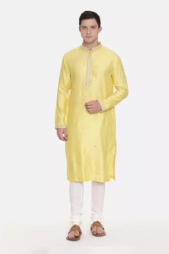 Yellow Silk Jaquard Kurta Set