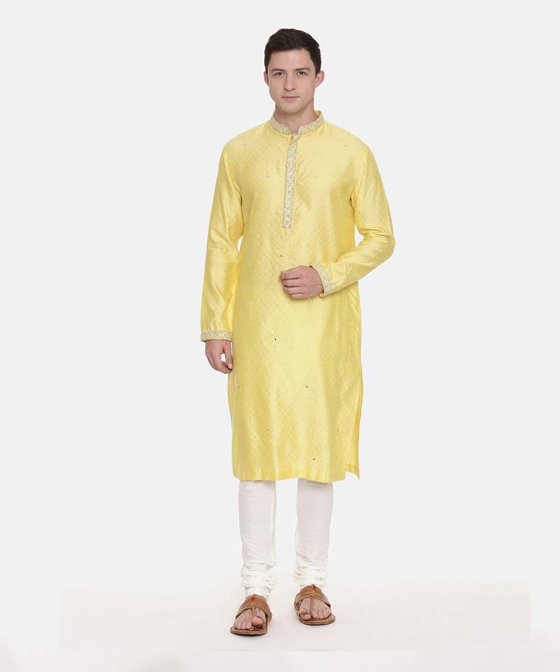 Yellow Silk Jaquard Kurta Set