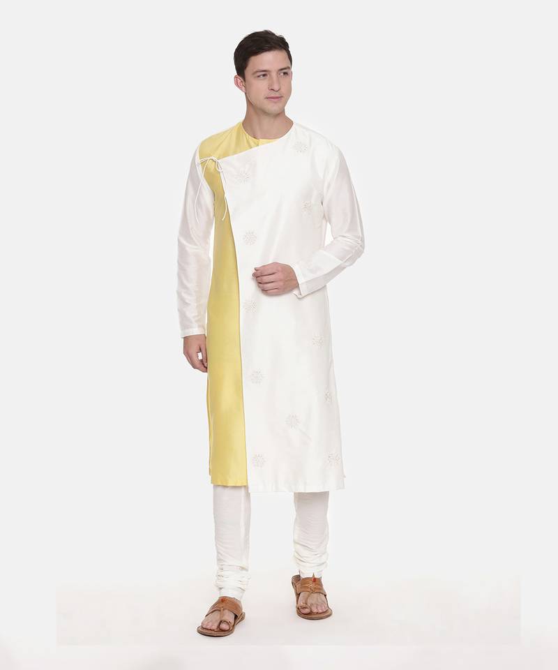 Silk Yellow Ivory Tie Up Kurta