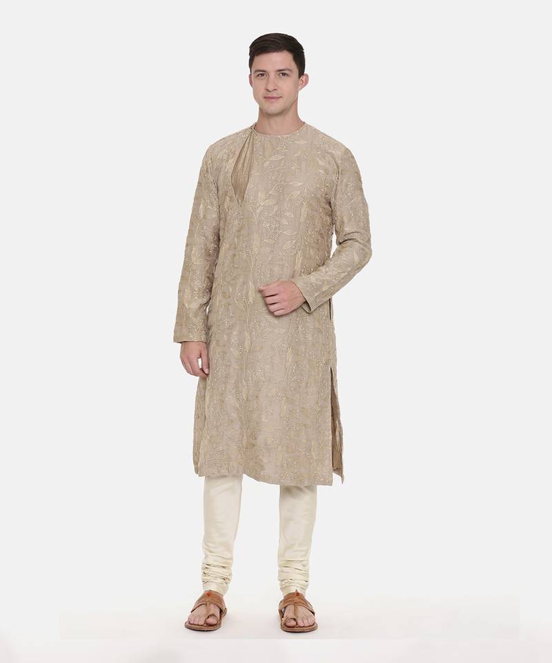Brown Chanderi Embroidred Kurta Set