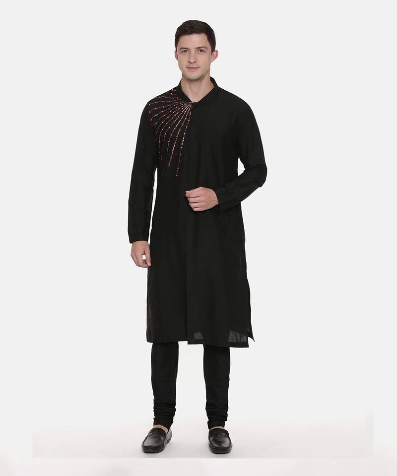 Silk Black Embroidred Kurta Set