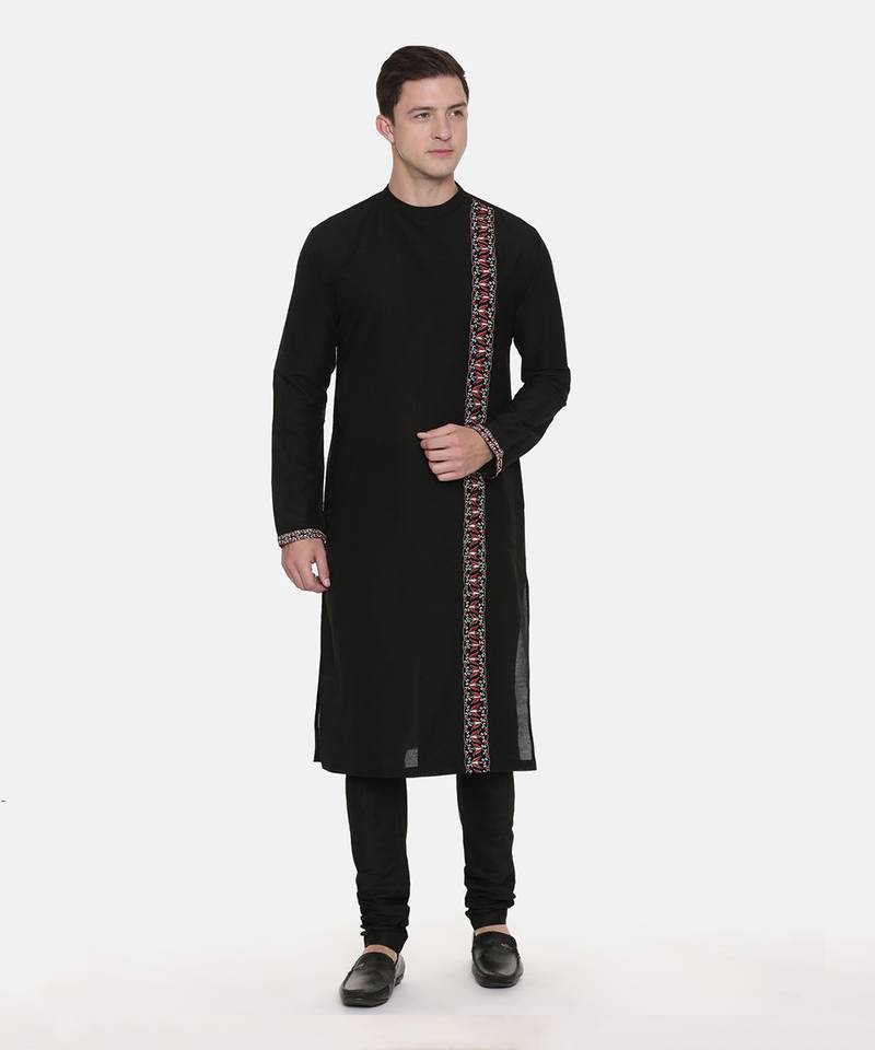 Black Silk Embroidered Kurta Set