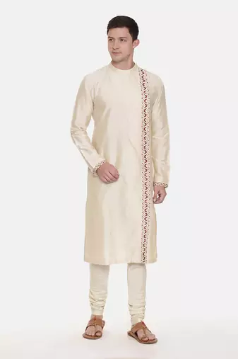 Beige Silk Embroidered Kurta Set