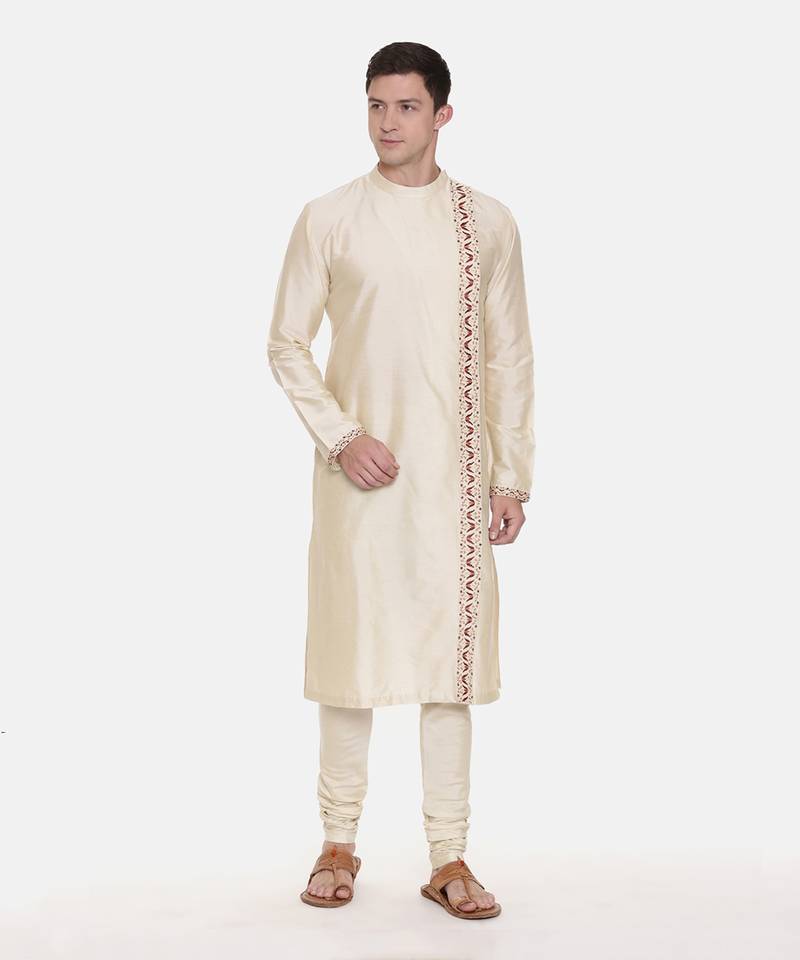Beige Silk Embroidered Kurta Set