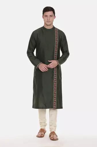 Green Silk Embroidered Kurta Set