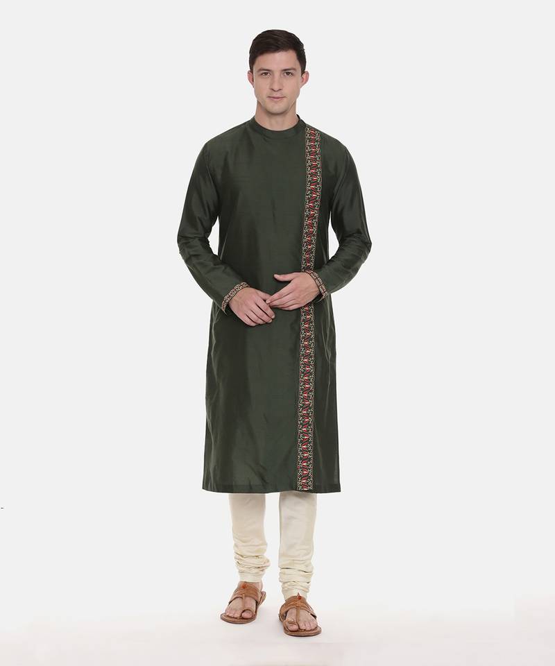 Green Silk Embroidered Kurta Set