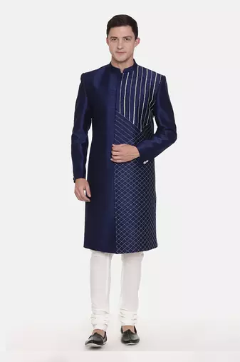 Navy Blue Silk Sherwani