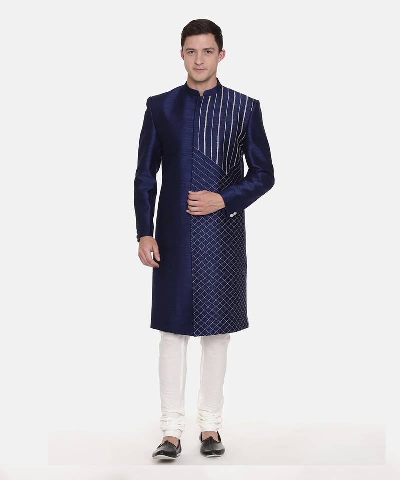 Navy Blue Silk Sherwani