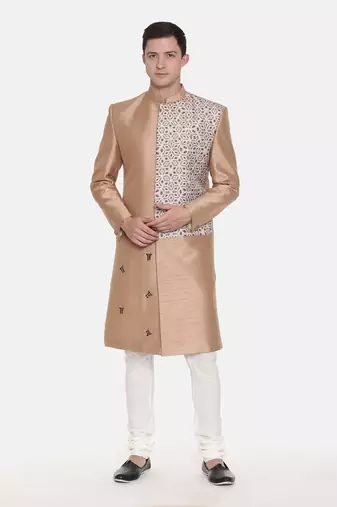 Gold Silk Printed Sherwani