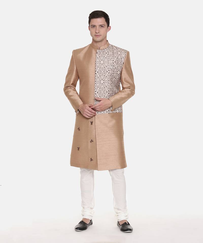 Gold Silk Printed Sherwani