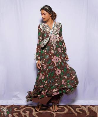 Payal Singhal Amineh Brown Printed Georgette Tiered Dress 1