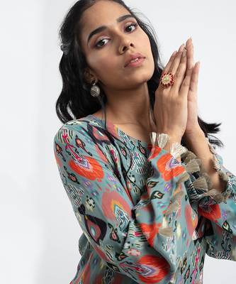 PS Pret by Payal Singhal Blue Colour Printed Art Georgette Tiered Dress 4