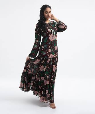 PS Pret by Payal Singhal Brown Colour Printed Art Georgette Tiered Dress 2