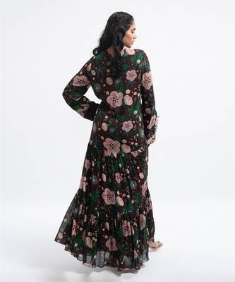 PS Pret by Payal Singhal Brown Colour Printed Art Georgette Tiered Dress 3