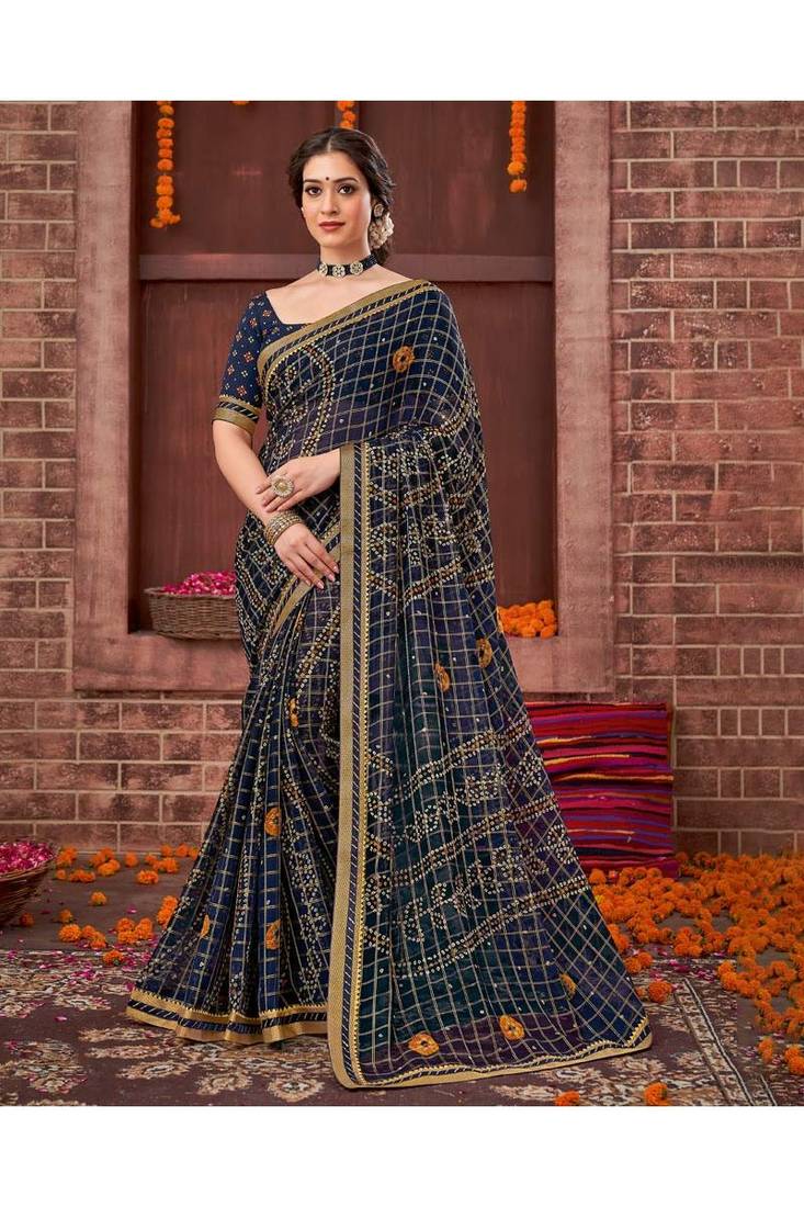 Navy Blue Printed Georgette Saree With Unstitched Blouse Piece