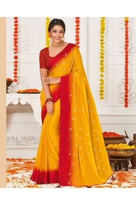 Dark Yellow Printed Chiffon Fancy Pallu Saree With Blouse 1