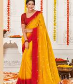 Dark Yellow Printed Chiffon Fancy Pallu Saree With Blouse