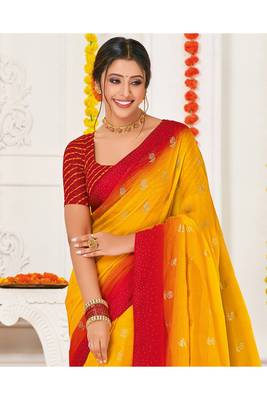 Dark Yellow Printed Chiffon Fancy Pallu Saree With Blouse 2
