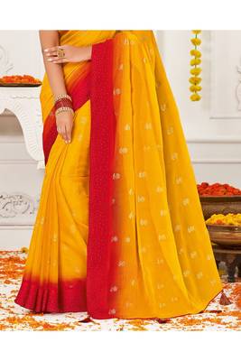 Dark Yellow Printed Chiffon Fancy Pallu Saree With Blouse 3
