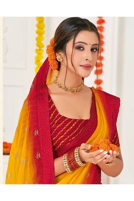Dark Yellow Printed Chiffon Fancy Pallu Saree With Blouse 4