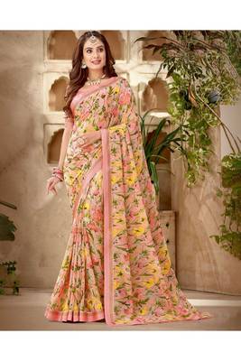 Light Peach Printed Georgette Fancy Pallu Saree With Blouse 1