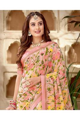Light Peach Printed Georgette Fancy Pallu Saree With Blouse 2