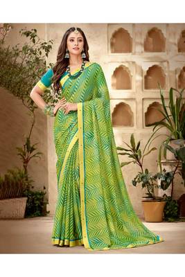 Green Printed Georgette Fancy Pallu Saree With Blouse 1