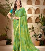 Green Printed Georgette Fancy Pallu Saree With Blouse
