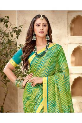 Green Printed Georgette Fancy Pallu Saree With Blouse 2