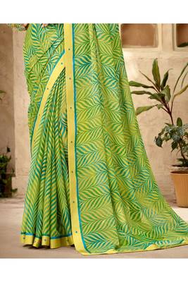 Green Printed Georgette Fancy Pallu Saree With Blouse 3
