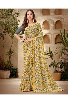 Yellow Printed Georgette Fancy Pallu Saree With Blouse 1
