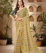 Yellow Printed Georgette Fancy Pallu Saree With Blouse