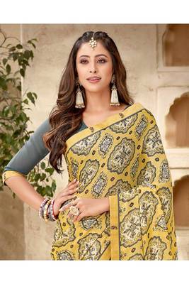 Yellow Printed Georgette Fancy Pallu Saree With Blouse 2