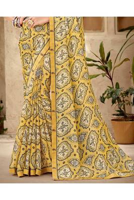 Yellow Printed Georgette Fancy Pallu Saree With Blouse 3