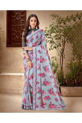 Light Grey Printed Georgette Fancy Pallu Saree With Blouse 1
