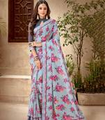 Light Grey Printed Georgette Fancy Pallu Saree With Blouse
