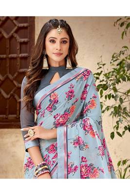 Light Grey Printed Georgette Fancy Pallu Saree With Blouse 2