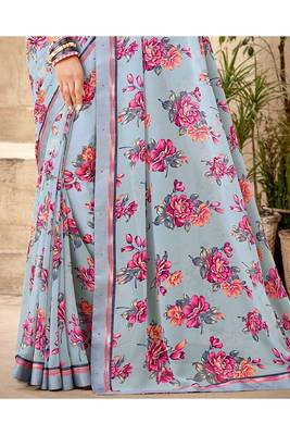 Light Grey Printed Georgette Fancy Pallu Saree With Blouse 3