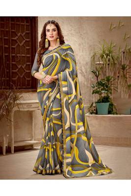 Grey Printed Georgette Fancy Pallu Saree With Blouse 1