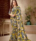 Grey Printed Georgette Fancy Pallu Saree With Blouse