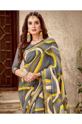 Grey Printed Georgette Fancy Pallu Saree With Blouse 2