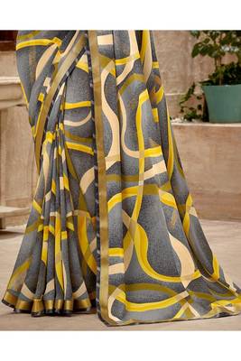 Grey Printed Georgette Fancy Pallu Saree With Blouse 3