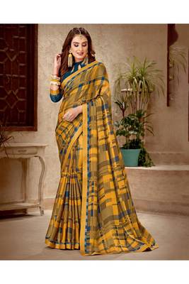 Orange Printed Chiffon Fancy Pallu Saree With Blouse 1