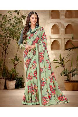 Olive Printed Georgette Fancy Pallu Saree With Blouse 1