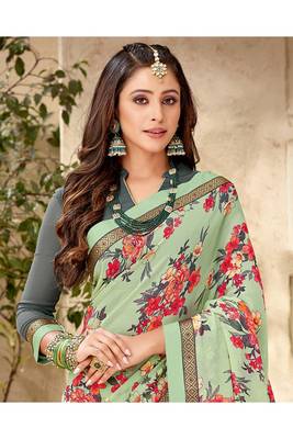 Olive Printed Georgette Fancy Pallu Saree With Blouse 2