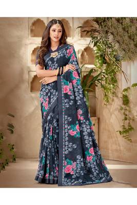 Dark Grey Printed Georgette Fancy Pallu Saree With Blouse 1